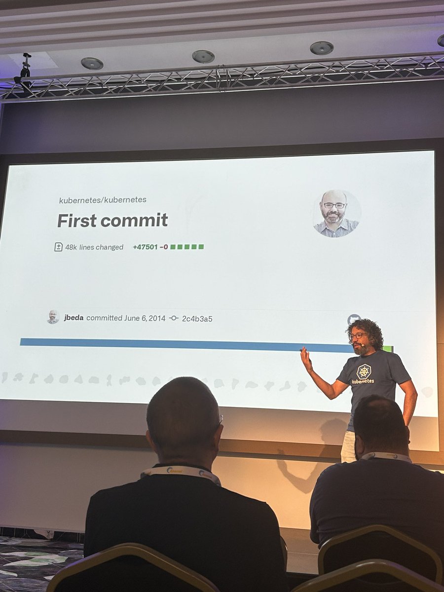 Looking forward to a great #Kubernetes Community event! <a href="/boredabdel/">Abdel SGHIOUAR</a> kicking it off by memorizing the first commit of <a href="/jbeda/">Joe Beda</a> 10 years ago! #KCDmunich #Kubernetes