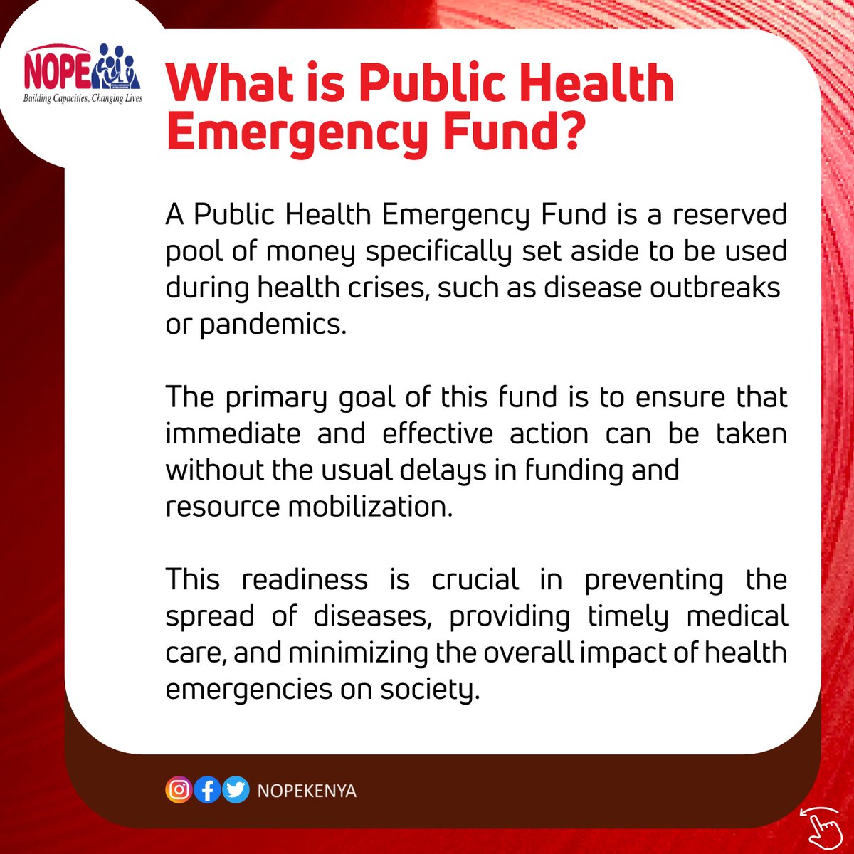 NOPEKENYA's tweet image. Epidemic preparedness is vital for the health and security of our nation. I urge the government @NAssemblyKE  to champion
initiatives that prioritize funding and resources for epidemic preparedness to ensure a resilient
healthcare system for all Kenyans

#EpidemicpreparednessKe
