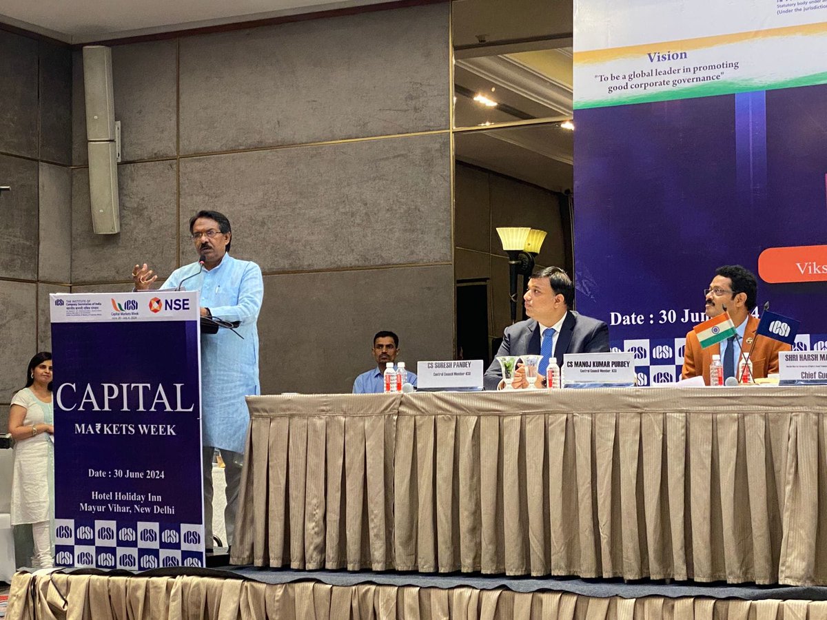 icsi_cs's tweet photo. Shri Harsh Malhotra, MoS for Corporate Affairs & Road, Transport & Highways Chief Guest at #ICSI #CapitalMarketsWeek 2024 in New Delhi @hdmalhotra @MCA21India https://t.co/MZO8sm20dO