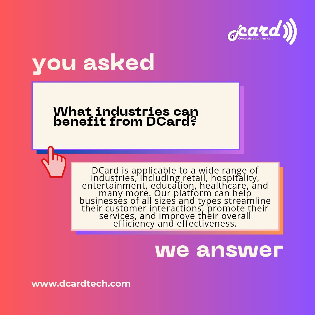DcardAfrica's tweet photo. #DCard is applicable to a wide range of #industries, including #retail, #hospitality, #entertainment, #education, #healthcare, and many more. Our #platform can help #businesses of all sizes and types streamline their #customer interactions, #promote their #services, and improve.. https://t.co/6SQJnB7dtP