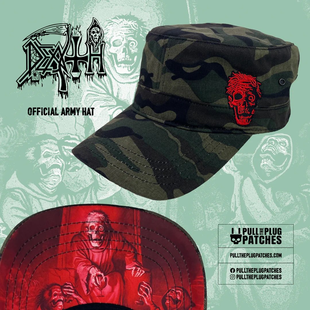 PTPPatches's tweet photo. Officially licensed Death snapback and army style hats are coming soon!! 🔥💀🔥

Available July 5th &amp; 6th as part of our next patch drop. 

https://t.co/eAWhbav8Fk

#death #deathmetal #chuckschuldiner #leprosy #screambloodygore #pulltheplugpatches https://t.co/Xlm46q4NAc