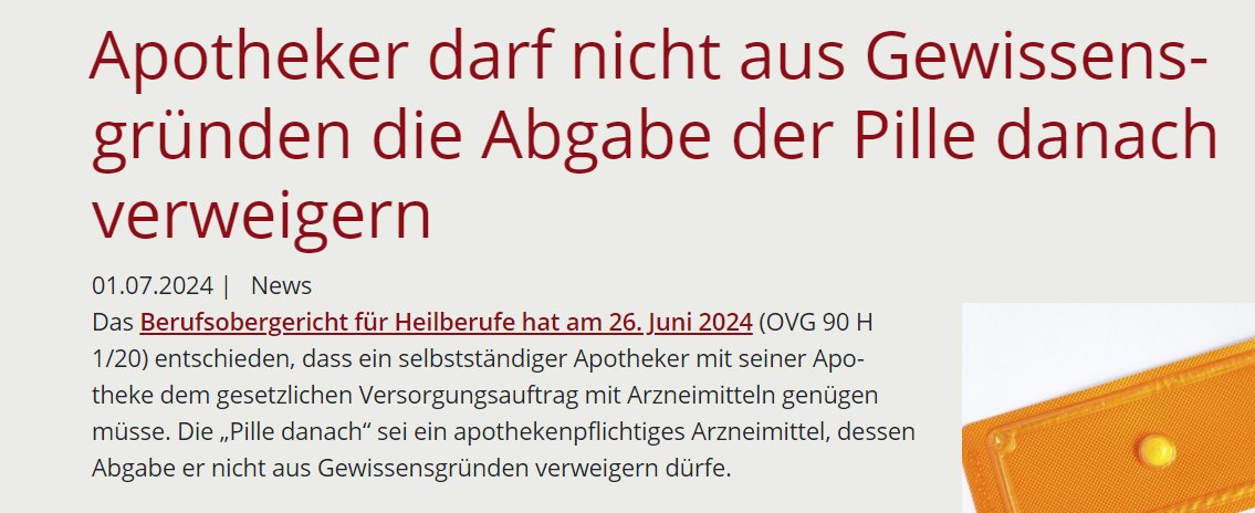 Endlich! Mit der Verweigerung der Pille danach ist jetzt Schluss! Gericht beschließt, dass selbstständige Apotheker*innen apothekenpflichtige Arzneimittel nicht aus Gewissensgründen verweigern dürfen.
t1p.de/ep85v