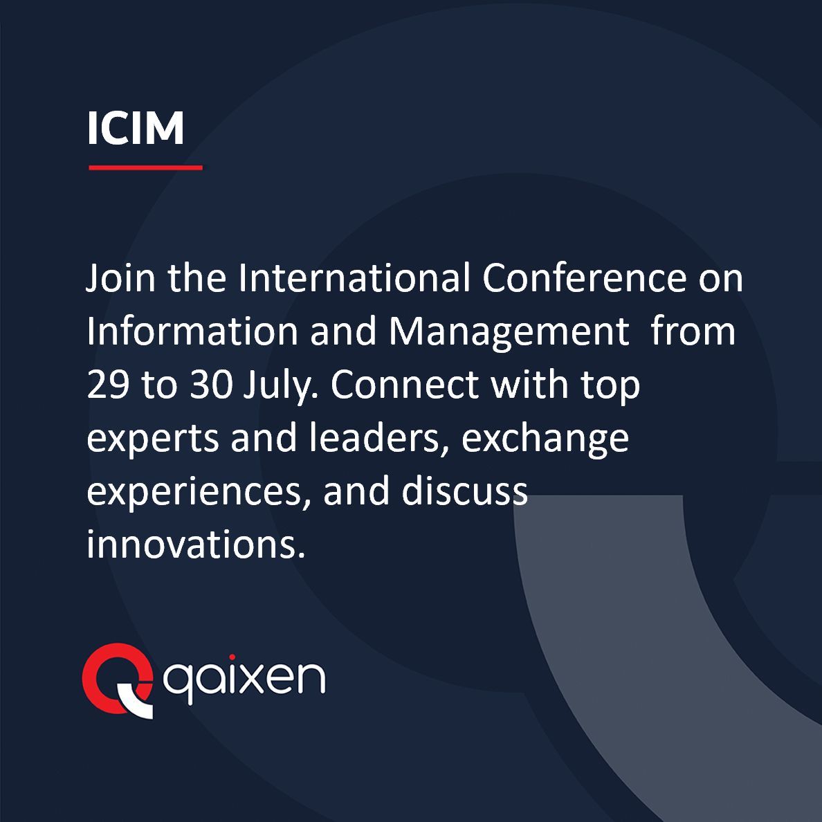 Qaixen's tweet photo. Join the ICIM from 29-30 July 2024 to connect with experts, and discuss innovations, trends, and solutions in Information and Management. More info: https://t.co/og6uEFNEKk #ICIM #Conference 🎓💡 https://t.co/V8BGYqYN9a