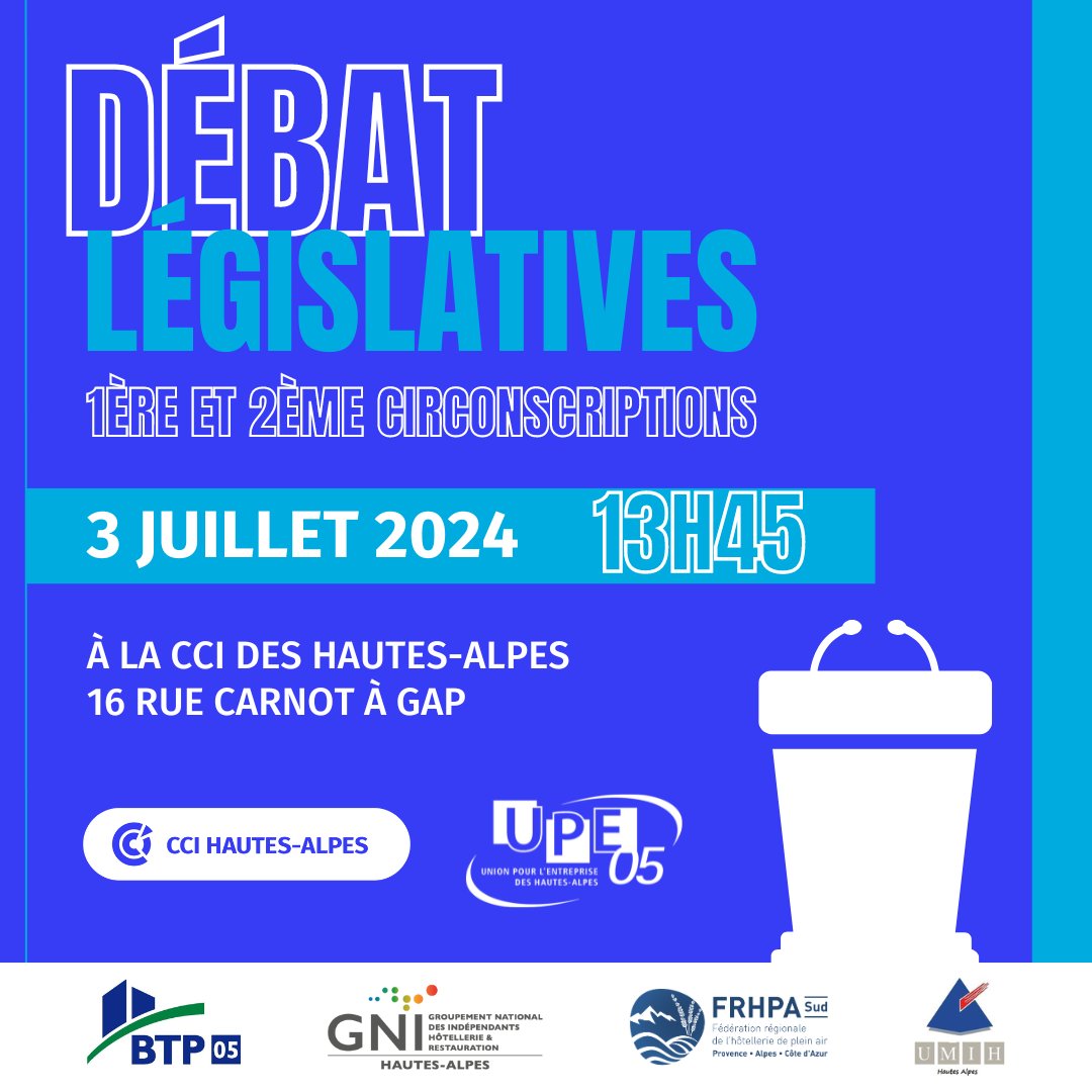 [DEBAT DE L’ENTRE DEUX TOURS]

Mercredi 3 juillet à 13h30  à la CCI Hautes-Alpes 
13h45 : Débat de la 2ème circonscription avec L. ALBRAND et V.ROSSI
15h15 : Débat de la 1ère circonscription avec J. SAINTE-MARIE et M-J. ALLEMAND

Inscrivez vous  👉eventbrite.fr/e/billets-deba…