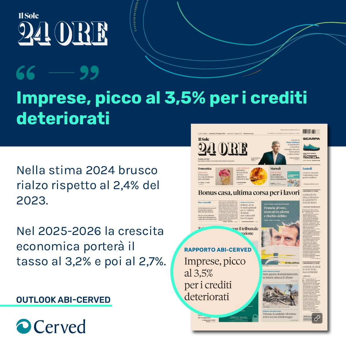 Cerved (@cervedgroup) on Twitter photo . <a href="/sole24ore/">IlSole24ORE</a> - Outlook Abi-Cerved - Imprese, picco al 3,5% per i #crediti deteriorati: research.cerved.com/analisi/outloo… . <a href="/sole24ore/">IlSole24ORE</a> - Outlook Abi-Cerved - Imprese, picco al 3,5% per i #crediti deteriorati: research.cerved.com/analisi/outloo…