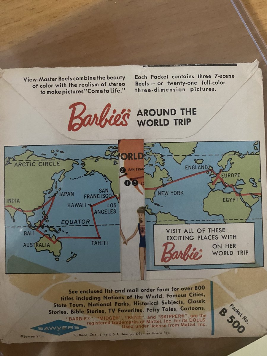 Momento en el que en una conferencia sobre los antecedentes del turismo virtual aprendes que la camara estreoscópica ya permitía ver como Barbie, en 1965, daba la vuelta al mundo sin pisar determinados Estados y situando el Pacífico en el centro del mapa mundi