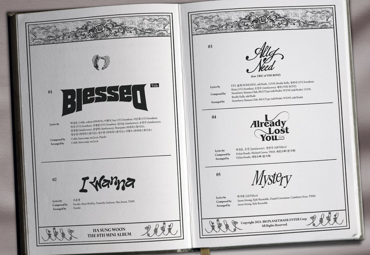 하성운 (HA SUNG WOON)
The 8th Mini Album
'Blessed'

Track List

2024. 07. 17. 6PM (KST)

#하성운 #HASUNGWOON 
#Blessed
#BPM #BigPlanetMade