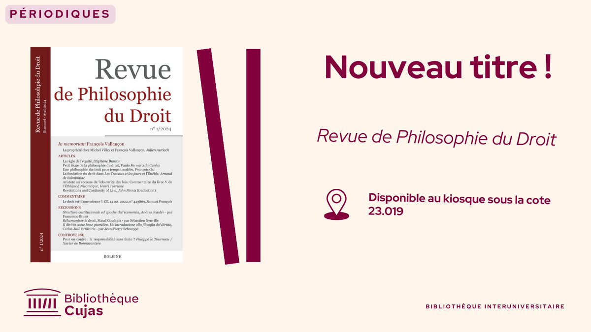 [#Périodiques]⚖️ Découvrez la Revue de Philosophie du Droit (<a href="/RevuePhiloDroit/">Revue de philosophie du droit</a>), nouvelle revue publiée aux éditions Boleine avec le soutien de l'<a href="/UTCapitole/">Université Toulouse Capitole</a>, l'<a href="/IRJS_Paris1/">IRJS Paris 1</a> et l'<a href="/ASMP_officiel/">Académie des sciences morales et politiques</a>. A retrouver au kiosque de la bibliothèque sous la cote 23.019. Bonne consultation !