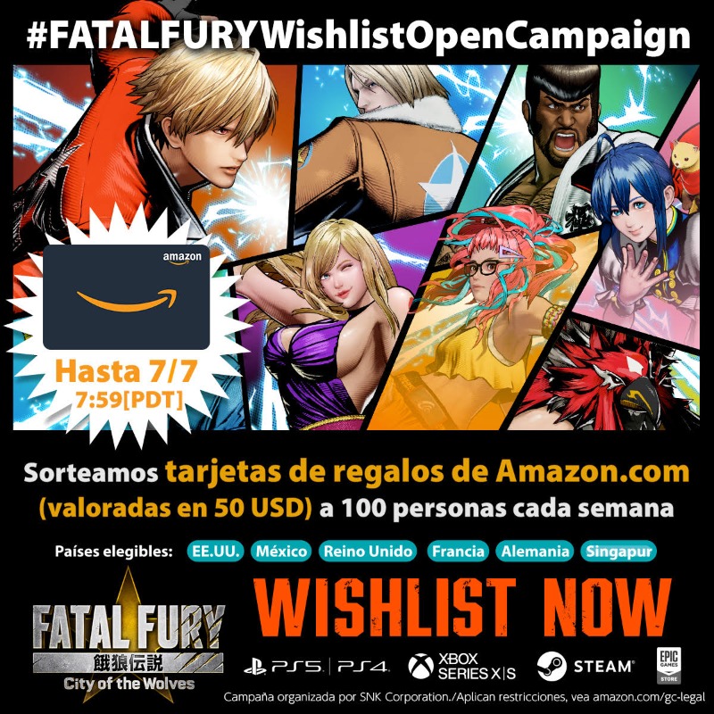 SNKPofficial's tweet photo. #FATALFURYWishlistOpenCampaign #3

¡Sorteamos tarjetas de regalos de #Amazon (valoradas en 50 USD) a 100 personas cada semana!

1. Sigue a @SNKPofficial
2. Repostea este post
↓Da clic aquí
https://t.co/vlVQHGiNyK

¡Finaliza el 7 de julio (07:59 PDT)!

#FatalFury #CotW