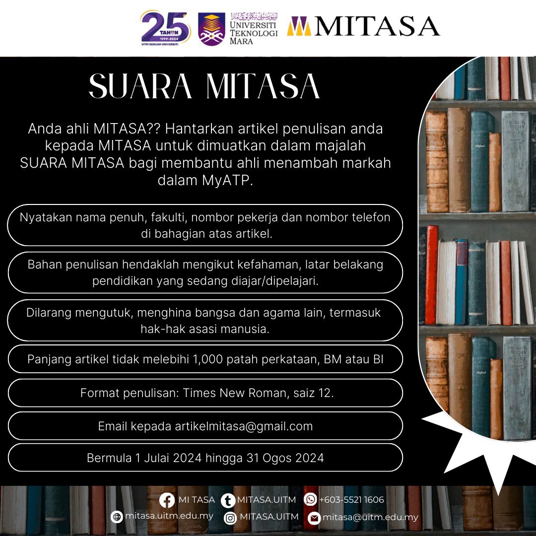 Mitasauitm's tweet photo. Anda ahli MITASA?? Jom hantar artikel kepada SUARA MITASA!
#AndaNadiMitasa
#MITASAPejuangHakAnda
#SuaraAkademia
#UiTMDihatiku
#Unipurple https://t.co/IRaNZlHPMk