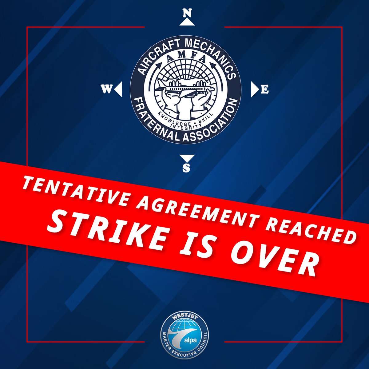 WestJetALPA's tweet photo. We are pleased to report that a Tentative Agreement (TA) has been reached between AMFA and WestJet.  With this TA, all labour action will cease effective immediately. https://t.co/ZycYUjCbNO