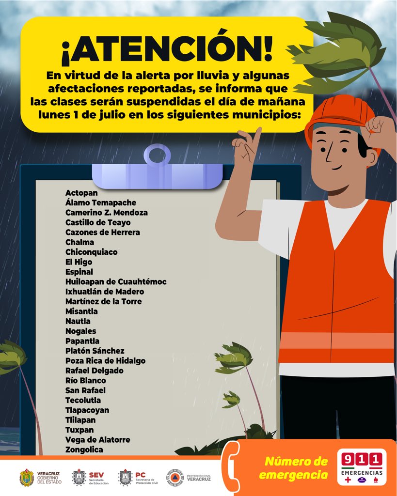 SEducacionVer's tweet photo. 🌧️ ATENCIÓN 🌧️

Por afectaciones reportadas debido a la Tormenta Tropical Chris, se suspenden clases mañana lunes en los municipios indicados.⛈️☔

⚠️Se recomienda verificar la información y permanecer atentos a las indicaciones de @PCEstatalVer. https://t.co/dzDVomOjx6