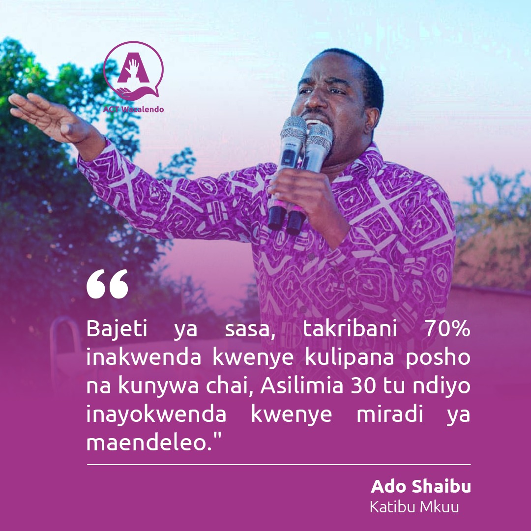 ACTwazalendo's tweet photo. "Bajeti ya sasa takribani 70% inakwenda kwenye kulipana posho na kunywa chai, 30% tu ndiyo inayokwenda kwenye miradi ya maendeleo."

Katibu Mkuu wa @ACTwazalendo
@AdoShaibu

#TaifaLaWote #MaslahiYaWote
#NACijiuzulu https://t.co/UaBK3ZMuZe