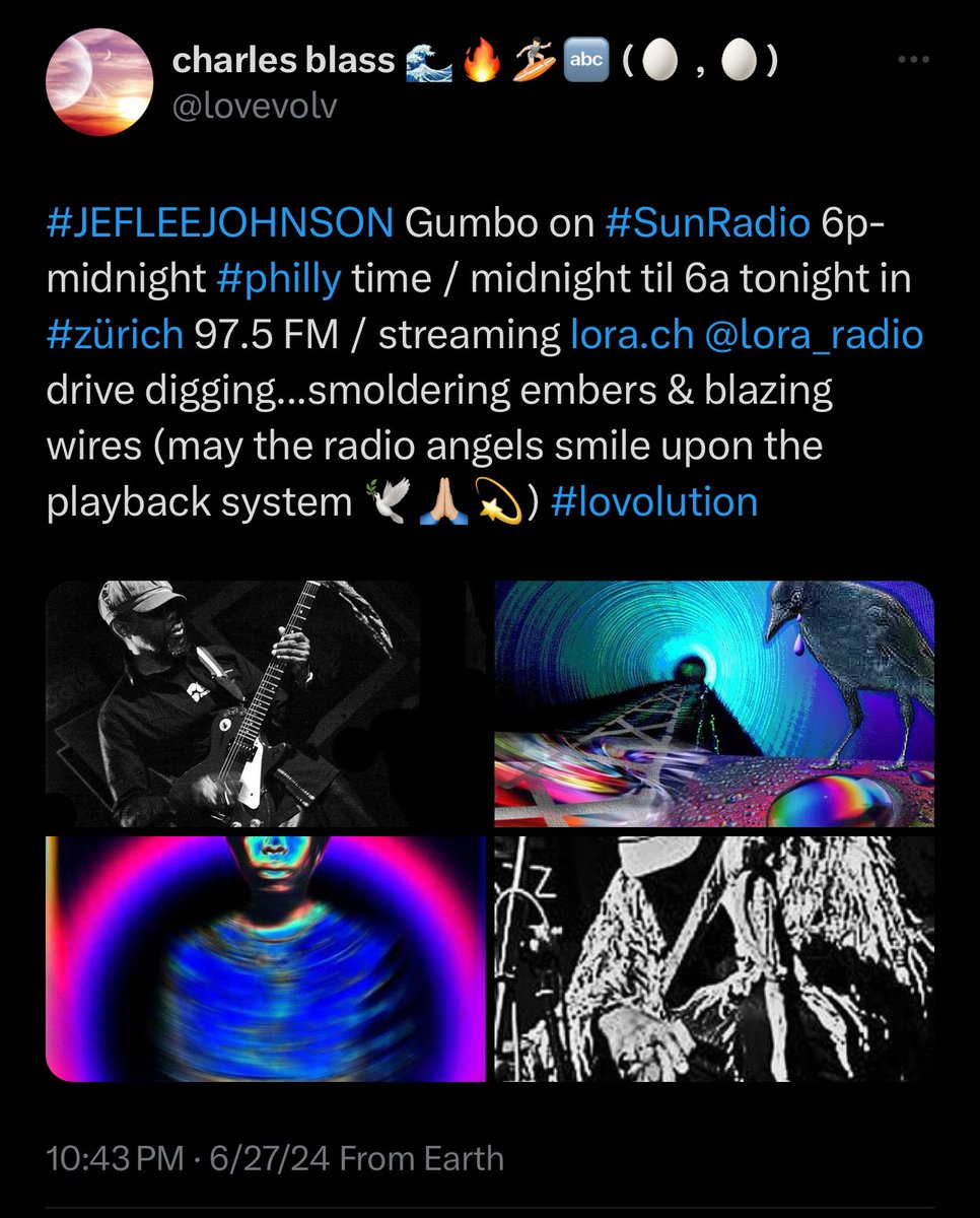 lovevolv's tweet image. tinyurl.com/sunradio
playback of last week&apos;s Rainbow Crow #sunradio excursion
(scroll to most recent, dated 27.06.2024, play button at the left) #jefleejohnson #lovolution