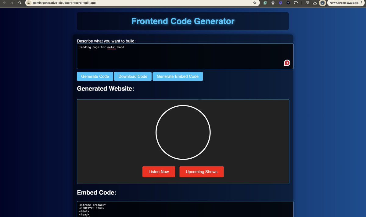 Cloudtheboi's tweet image. 🚀 Just launched OpenGenApps, a FREE open-source frontend code generator powered by Google's Gemini! 🤯
Try it LIVE: …generative-cloudcorprecord.replit.app
Grab the code: github.com/CloudCorpRecor…
#Gemini #AI #CodeGeneration #FrontendDev #opensource