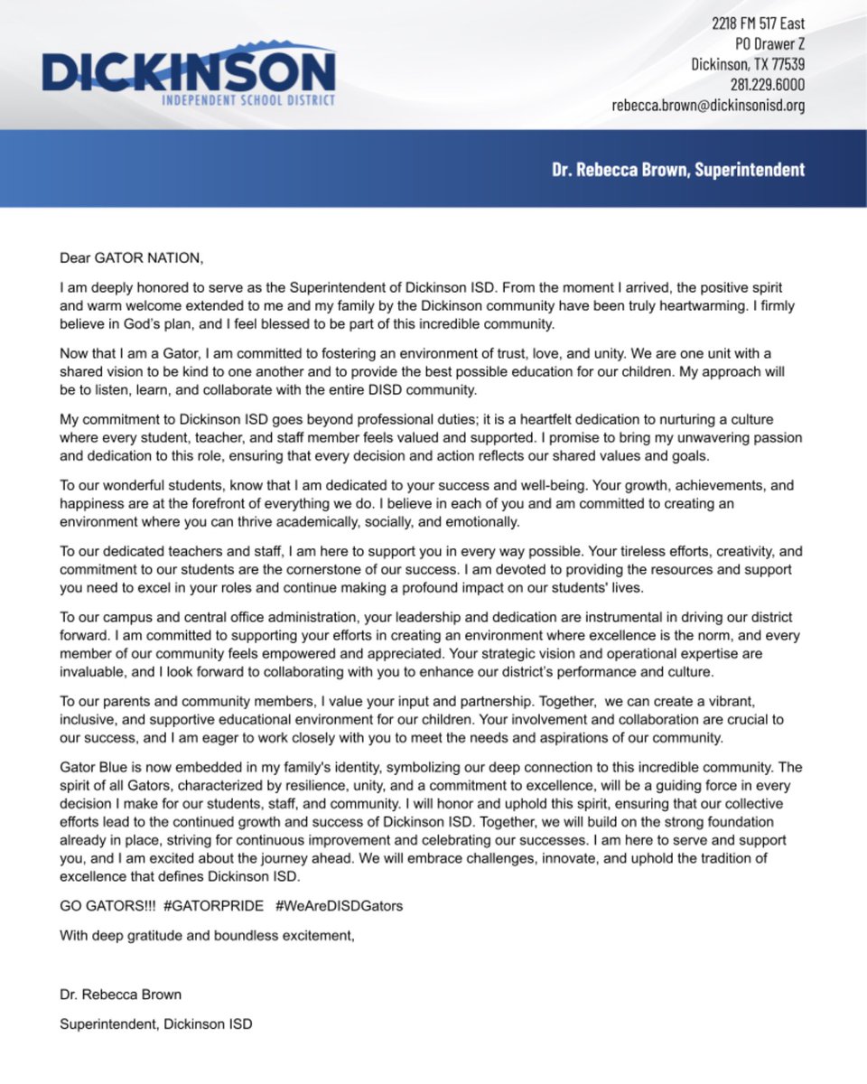DickinsonISD's tweet image. 📢 Dickinson ISD Welcomes New Superintendent Dr. Rebecca Brown! 📢

Read Dr. Brown’s letter “Dear Dickinson ISD Community” to learn about her vision and plans for our district.

dickinsonisd.org/page/article/9…

#WeAreGatorNation