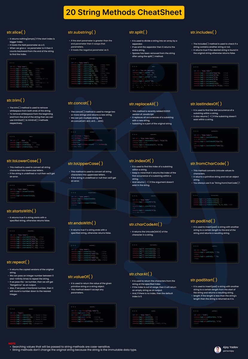 ATechAjay's tweet image. JavaScript String Methods Cheat Sheet. 🔥
✅ slice()
✅ substring()
✅ split()
✅ includes()
✅ trim()
✅ concat()
✅ replaceAll()
✅ lastIndexOf()
✅ toLowerCase()
✅ toUpperCase()
✅ indexOf()
✅ fromCharCode()
✅ startsWith()
✅ endsWith()
✅ charCodeAt()
✅ padEnd()
✅…