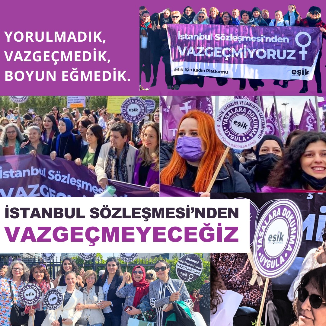 esik_platform's tweet photo. 🔴 20 Mart 2022 gece yarısı yayınlanan Cumhurbaşkanı Kararı ile Türkiye’nin #İstanbulSözleşmesi ’nden çekildiği haberiyle uyandık. Böylece ülkenin #kadınhakları ve #insanhakları hukuku tarihinde kabul edilemez bir adım atıldı.  

🔺Türkiye 1 Temmuz 2021 tarihi itibarıyla Sözleşme’nin tarafı olmaktan çıkacağını Avrupa Konseyi Genel Sekreterliği'ne bildirerek İstanbul'da imzaya açılması için büyük çaba gösterdiği İstanbul Sözleşmesi'nden çekilme kararını resmi olarak beyan eden ilk ve tek ülke oldu. Böylece Avrupa Konseyi nezdinde Türkiye'nin İstanbul Sözleşmesi'nden resmi olarak çekilme tarihi 1 Temmuz 2021 olarak resmileşti. 

📍Hala torba yasalarla 9.Yargı Paketleri'yle 6284'e ve medeni haklarımıza göz dikenlere, anayasal #eşitlik ve #laiklik ilkesini yok sayanlara, kadınların ve çocukların nafakasına el uzatanlara, ayrımcılık yapanlara, istismarı affedenlere, kadın cinayetlerini görmezden gelenlere, İstanbul Sözleşmesi'ne karşı olanlara verilecek tek bir cevabımız var;

Kadınların hakları ve hayatları üzerinden siyaset yapmaktan vazgeçin; çünkü biz eşitlikten, özgürlükten, yaşam tarzımızdan ve haklarımızı garanti altına alan yasalardan vazgeçmemeye kararlıyız.

Biz hiç yorulmadık, vazgeçmedik, boyun eğmedik.

Yorulmayacağız, vazgeçmeyeceğiz, boyun eğmeyeceğiz.

İstanbul Sözleşmesi’nden de, 6284 sayılı yasadan da vazgeçmeyeceğiz. 

#İstanbulSözleşmesindenVazgeçmiyoruz #9YargıPaketiniGeriÇek #6284sayılıYasayıUygula