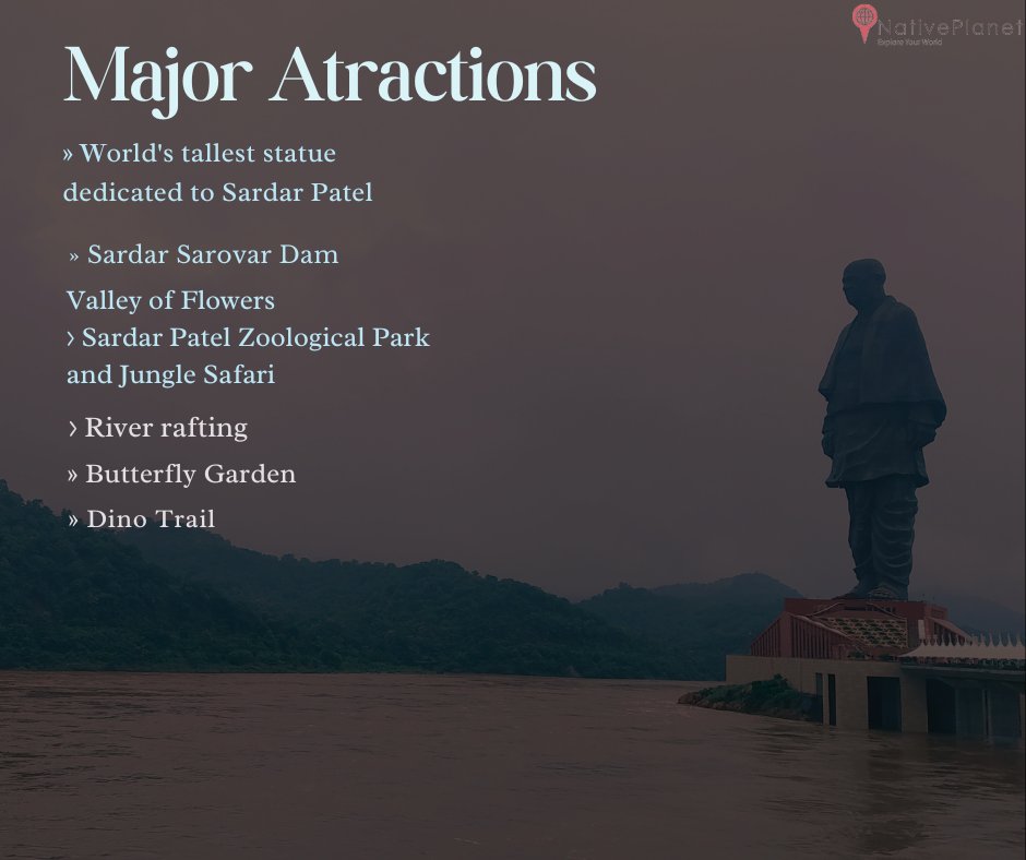 NativePlanetIN's tweet photo. It’s time to 'Go Beyond' the Statue of Unity! 🌍 Did you know there are around 23 different attractions nearby? From the breathtaking Valley of Flowers and the exciting Dino Trail to the serene Shoolpaneshwar Mahadev Temple, there's something for everyone. https://t.co/WSRruqr7p8