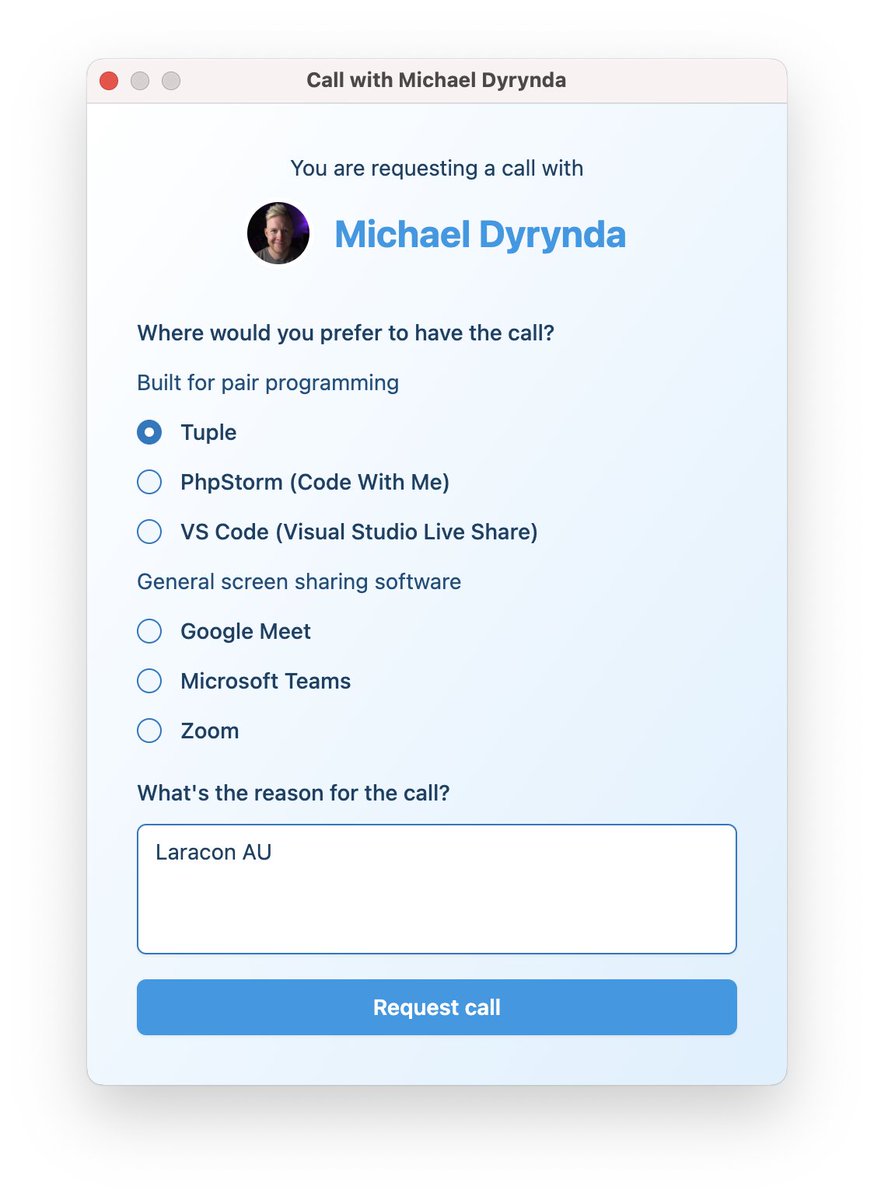Making LOTS of progress on <a href="/laramates/">Laramates</a>, and aiming to launch it in the next week!

Here's a look at the interface to request a call 🤙