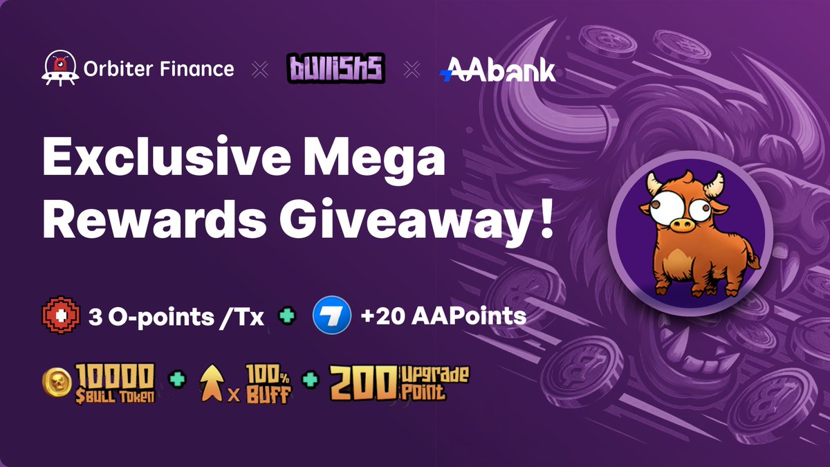 bullishs_io's tweet photo. Four Days Left for boost one week for 3 $OPoints in orbiter.
🐂Farm yellow bull to upgrade. (on-chain)
🪙Eat coin to earn $OPoints and $BULL airdrop. (cross-chain)
🥊Buff enhance upgraded points.
🔗BigReward is going: https://t.co/zdb2Zg1toX https://t.co/aFaf1j8Hd5
