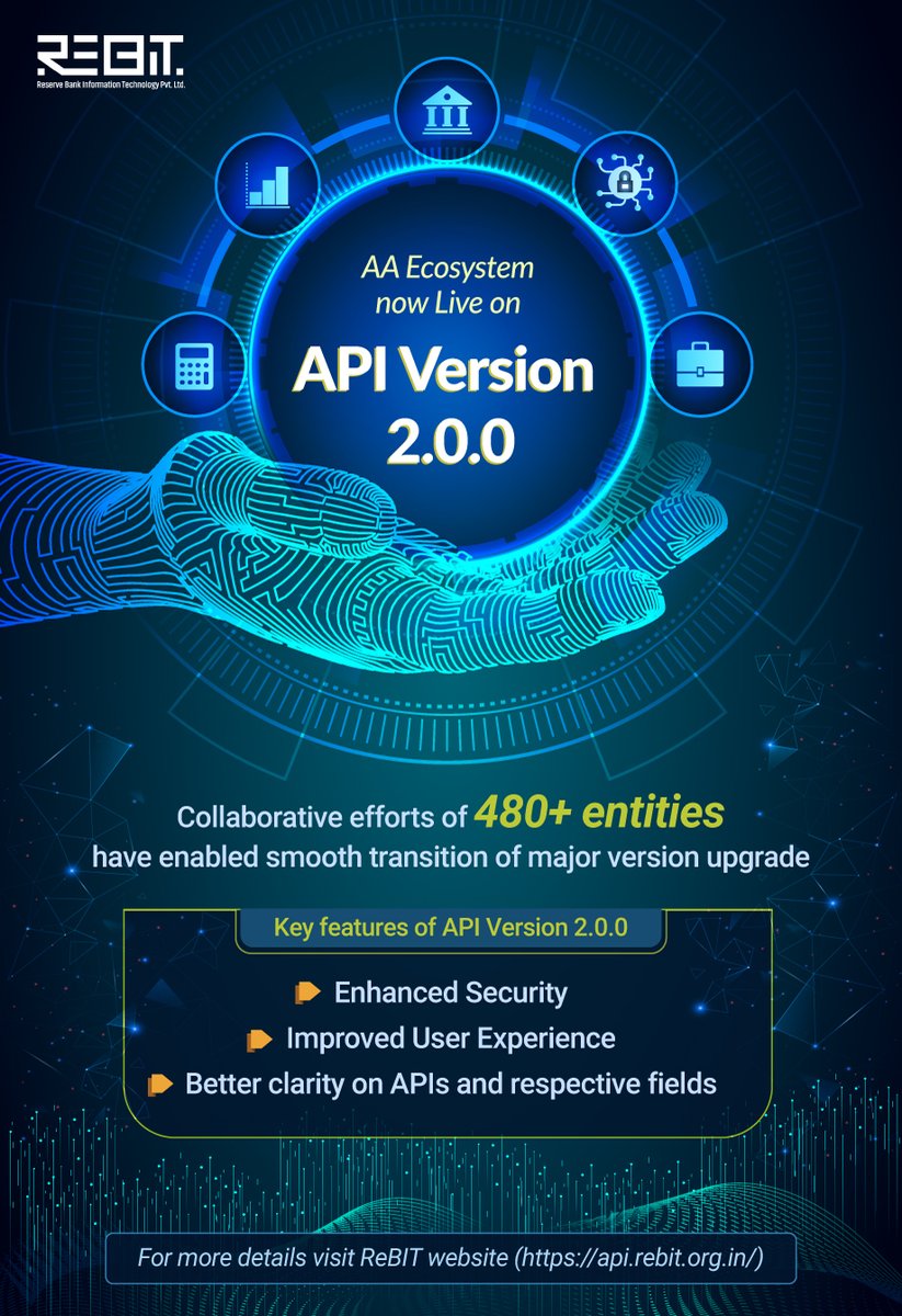 #AccountAggregator (AA) Ecosystem is now on latest API Specification Version 2.0.0 !
A collaborative team effort of 480+ entities including #FIPs, AAs, #FIUs, #FinancialSectorRegulators <a href="/RBI/">ReserveBankOfIndia</a>  <a href="/IndiaSebi/">SEBI india</a> <a href="/PFRDAOfficial/">PFRDA</a> #IRDAI and ReBIT across the ecosystem. #API #UX #Security