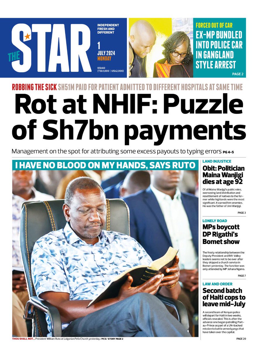 nyanducha's tweet photo. Today's newspaper headlines.
Monday, 1st July 2024.
#ePaper #Gazeti #Magazeti #Kenya #CiscoMeraki #UbibotTemperatureHumiditySensors #IoT #VictorockKenya #EricLatiff #PublicNotice #VeryReadyForTuesday #EnemiesOfTheState #Hanifa #JoeAgeyo https://t.co/jGWLKlSoXB
