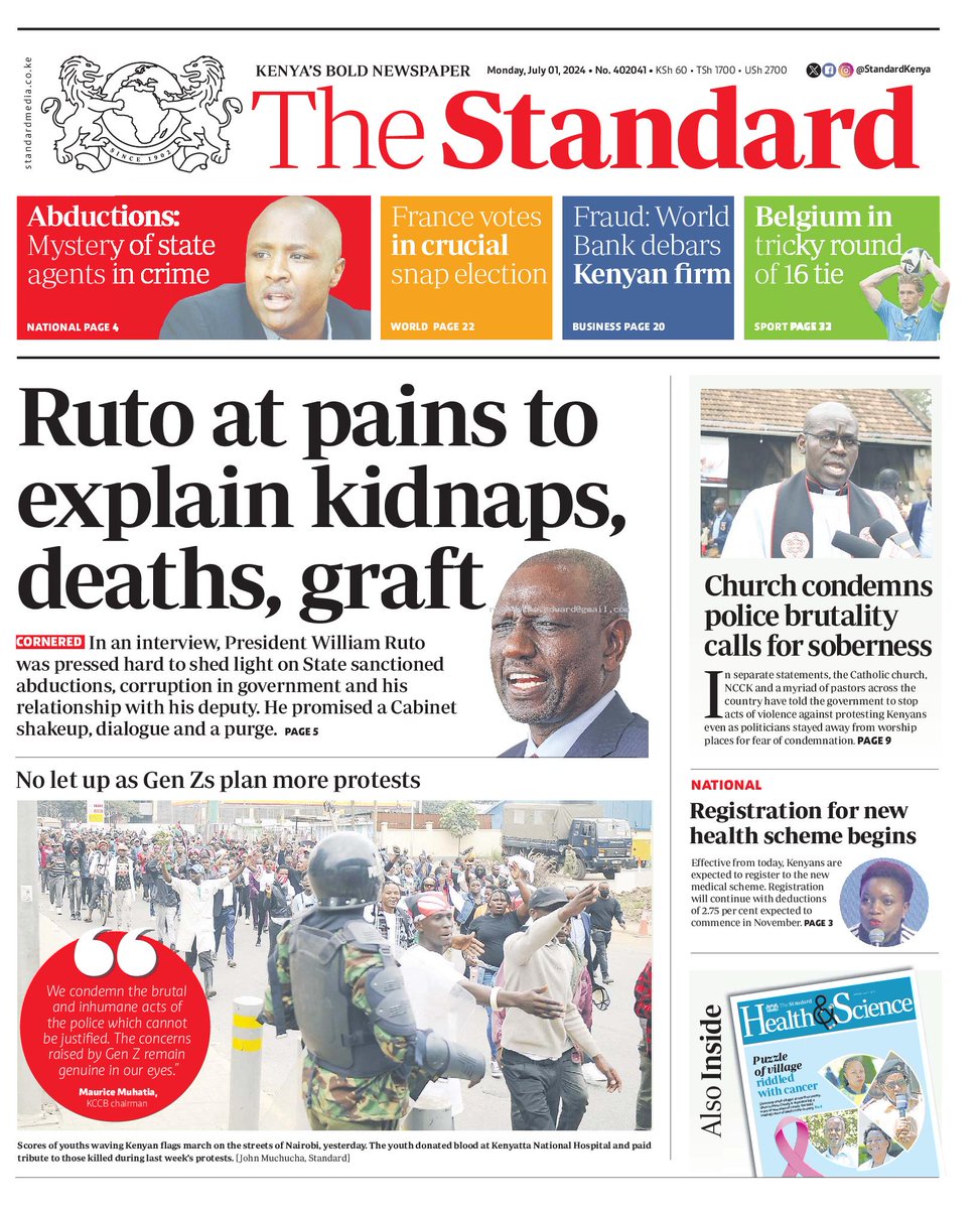 nyanducha's tweet photo. Today's newspaper headlines.
Monday, 1st July 2024.
#ePaper #Gazeti #Magazeti #Kenya #CiscoMeraki #UbibotTemperatureHumiditySensors #IoT #VictorockKenya #EricLatiff #PublicNotice #VeryReadyForTuesday #EnemiesOfTheState #Hanifa #JoeAgeyo https://t.co/jGWLKlSoXB