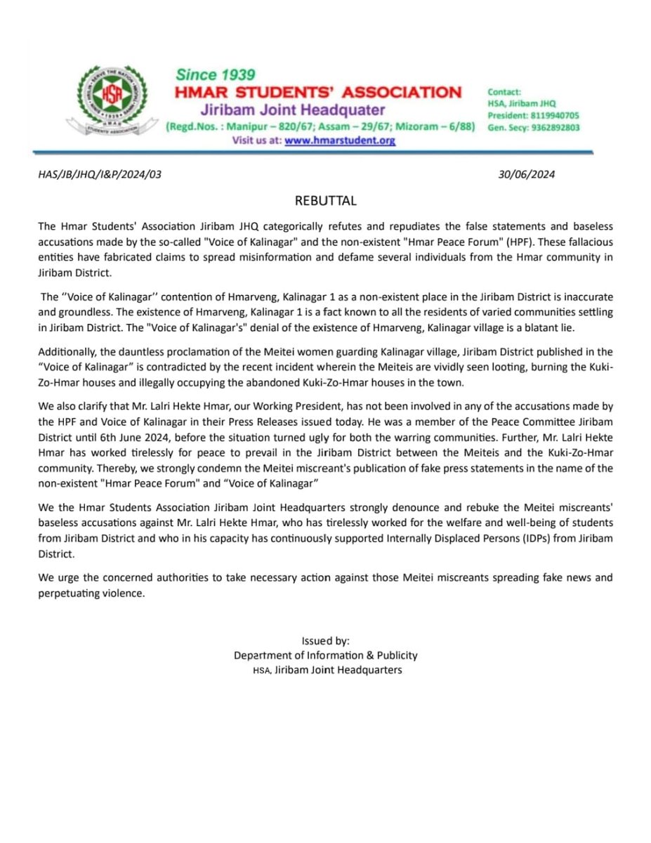 Foxtrotwolf2020's tweet photo. The Hmar Students' Association, Jiribam JHQ categorically refutes and repudiates the false statements and baseless accusations made by the so-called "Voice of Kalinagar" and the non-existent "Hmar Peace Forum" (HPF).
These fallacious entities (read Meitei's community) have fabricated claims to spread misinformation and defame several individuals from Hmar community in #Jiribam.

#MeiteiLiarCommunity
#MeiteiLiesExposed

@MIB_India @IndiaTodayNE
@NENowNews @EastMojo @afridahussai @vijaita @the_hindu @IndianExpress @HMOIndia @PMOIndia @ttindia @MaktoobMedia @ThePrintIndia @nistula @aliyaqut @ANI @PTI_News