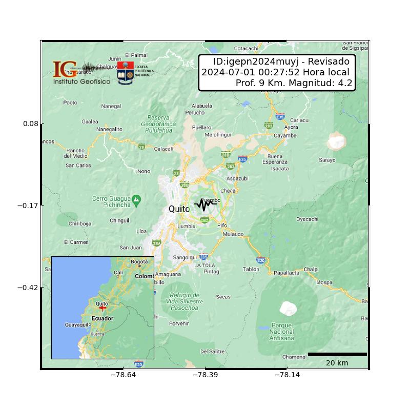 #SISMO ID:igepn2024muyj Revisado 2024-07-01 00:27:52 TL Magnitud: 4.2 Profundidad: 9 km, a 8.49 km de Quito, Pichincha, Latitud: -0.17 Longitud:-78.39 Ecuador. Sintió este sismo?