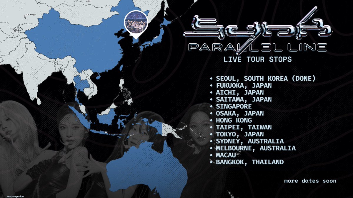 aespaMYunion's tweet photo. 📌[SYNK #PARALLEL_LINE - LIVE TOUR STOPS] 
 
Seoul, South Korea (DONE)
Fukuoka, Japan
Aichi, Japan
Saitama, Japan
Singapore
Osaka, Japan
Hong Kong
Taipei, Taiwan
Tokyo, Japan
Sydney, Australia
Melbourne, Australia
Macau
Bangkok, Thailand

#aespa
@aespa_official https://t.co/fViPU9l5vc