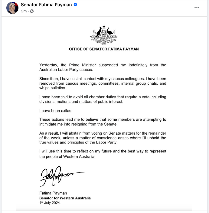 JoshButler's tweet photo. 🚨Fatima Payman statement, claims Labor colleagues trying to "intimidate me into resigning" and says she will abstain from voting in the Senate - "unless a matter of conscience arises"
"I will use this time to reflect on my future and the best way to represent the people of WA" https://t.co/1g3fld5FVN