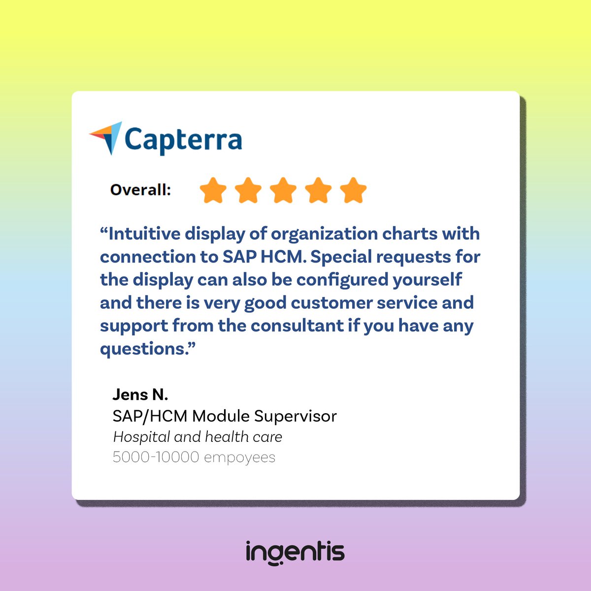 ingentisgmbh's tweet photo. 🎉 We are thrilled to share that Ingentis org.manager received a ⭐⭐⭐⭐⭐ review on Capterra!

If you want to check out our solutions, visit https://t.co/fANOdfQRgY or contact us directly.

#FiveStarReview #IngentisOrgManager #OrgCharting #CustomerSuccess https://t.co/qOMwm6LzxB