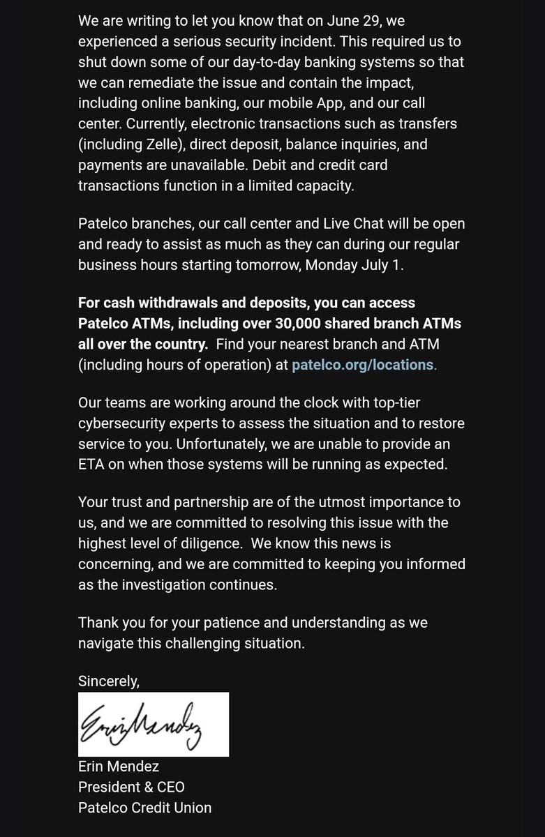 EastOaklandDad's tweet image. Patelco is under some sort of cyberattack. I received this email from the CEO. I haven&apos;t been able to access my accounts since Saturday. This is one of the bay areas largest credit unions. #patelco
