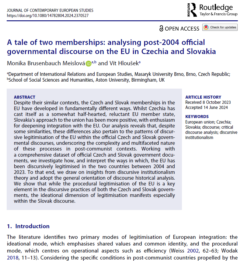 MonikaMeislova's tweet photo. 📢 New publication alert! Very happy to share our latest article w/ my great co-author @vit_hlousek on #Czech &amp;  #Slovak governmental discourses on the  #EU, now in @JournalCES (@Rout_PoliticsIR, @tandfonline). 🇨🇿🇸🇰 🇪🇺

🔑 #OpenAccess &amp; free to read:

https://t.co/SQSVdVAbSl

1/6 https://t.co/V7afvj2Avr