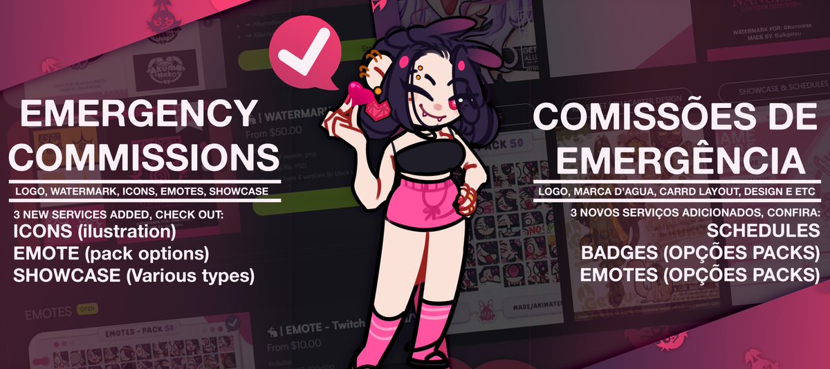 AlkGetou's tweet image. ⚠️✅ || EMERGENCY COMMISSIONS, OPEN;
🩷 | Novas opções de serviço — New service options;
➥ See the LINKS in the COMMENTS to access NEW and ALL service options.
➥ Veja os LINKS nos COMENTARIOS para acessar NOVAS e TODAS opções de serviço.
❤️ + 🔁 = extreme gratitude