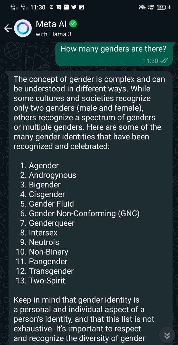 vani4amruta's tweet image. Below r d responses frm meta and chatgpt reg genders?? Is it acceptable from indian perspective? Did indian constituation accept more then 2 genders? Isn&apos;t it the responsibility of AI chatbots to respond acc to the country&apos;s values?
#GenderBinary #indianvalues #GenderNorms