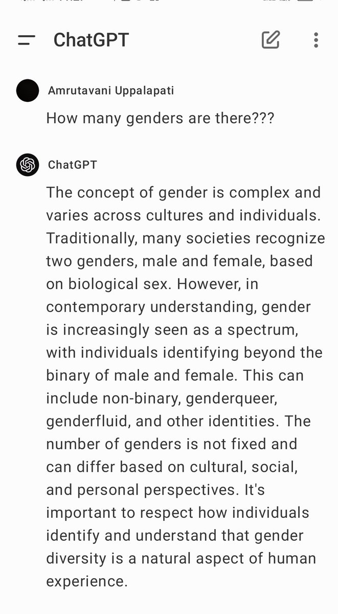 vani4amruta's tweet image. Below r d responses frm meta and chatgpt reg genders?? Is it acceptable from indian perspective? Did indian constituation accept more then 2 genders? Isn&apos;t it the responsibility of AI chatbots to respond acc to the country&apos;s values?
#GenderBinary #indianvalues #GenderNorms