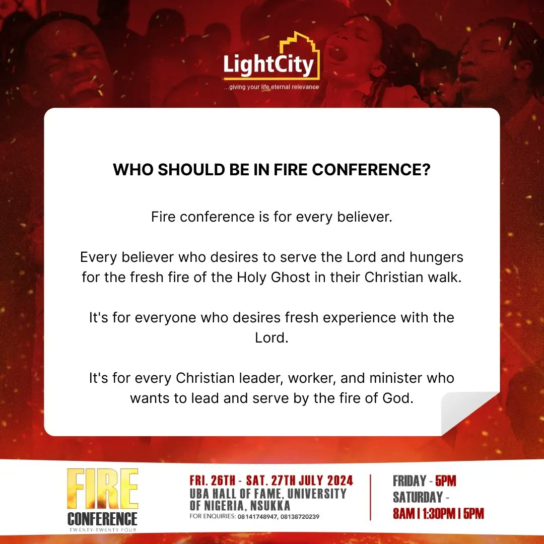 the_lightcity's tweet photo. FAQS on Fire Conference
Check the flyers π
For more enquiries, you can call the numbers on the flyer.
#fireconference2024 #lightcitychurch #churchinenugu https://t.co/dAFvClhAZn