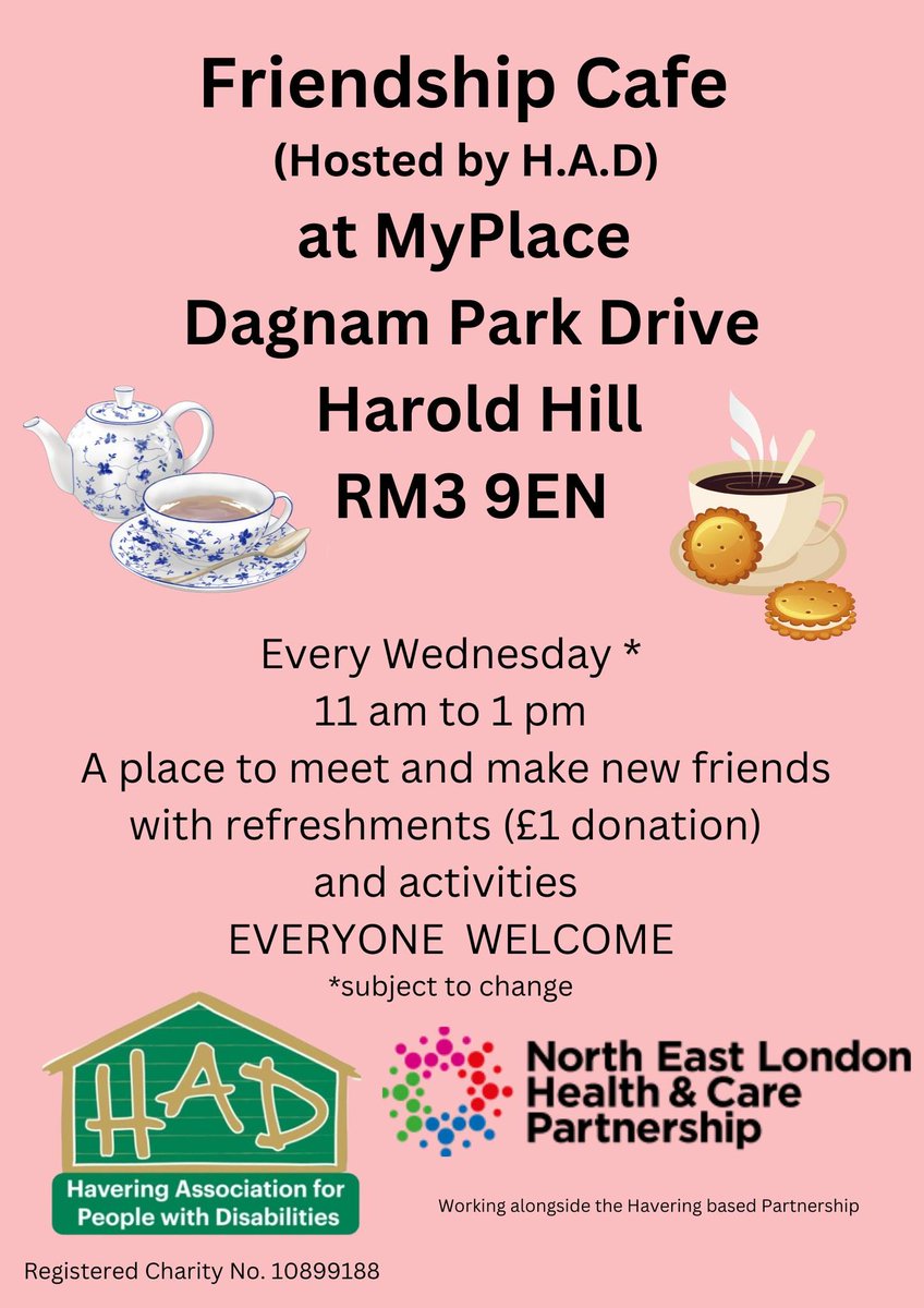 MyplaceRm3's tweet photo. The Friendship Cafe is back at MyPlace on Wednesday from 11am-1pm for more fun and games.
Everyone is welcome 😁

#myplacerm3 #havering #haroldhill #romford #Friendshipcafe #communitycentre #community #makefriends #haveringcouncil #HADhavering https://t.co/LjRHSRXjoI
