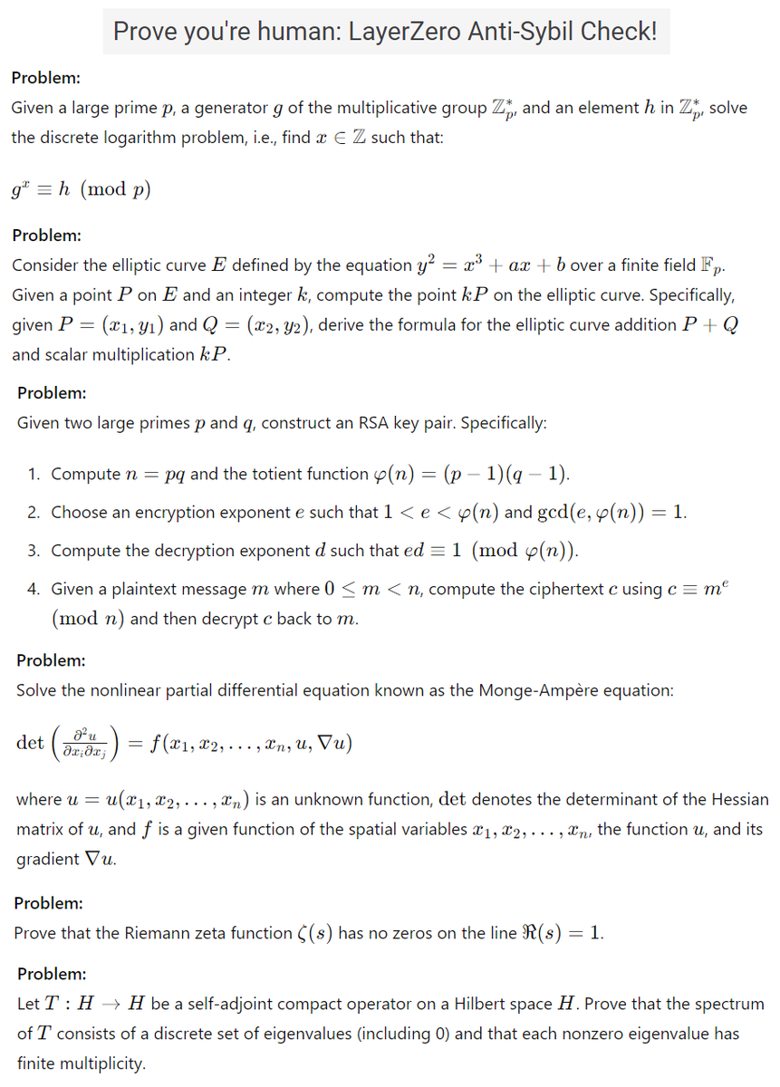 Bryan Pellegrino (LayerZero) thought about subjecting his community to this $ZRO check to find Sybil Cluster but then gave up! If you're not a bot you should know how to solve it!

#LayerZero #ZRO #Crypto #mathschat #university #school