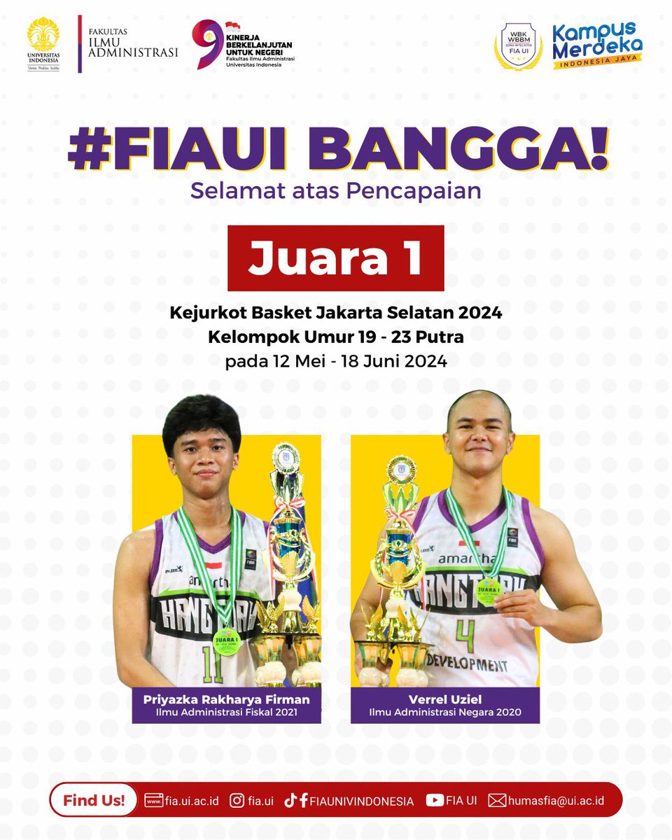 fia_ui's tweet image. [FIA Bangga]

Juara 1 🏆: Kejurkot Basket Jakarta Selatan 2024 Kelompok Umur 19 - 23 Putra pada 12 Mei - 18 Juni 2024

• Priyazka Rakharya Firman (Ilmu Administrasi Fiskal 2021)
• Verrel Uziel (Ilmu Administrasi Negara 2020)

#fiaui #fiakita #kitafia #universitasindonesia