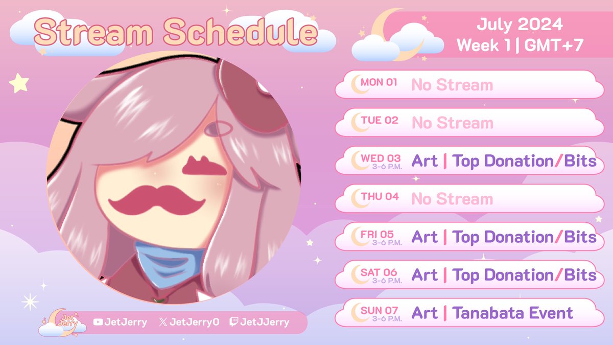 JetJerry0's tweet image. ตารางสตรีม สัปดาห์ที่ 1 - 7 ก.ค. 2567 ค่ะ
เดือนใหม่แต่งานยังไม่แล้ว ไปกันต่อ!🐰💖🔥

Stream's schedule: week of 1 - 7 July 2024
We are going to a new month but work is not finished yet. Let's go!🐰💖🔥
#JetJJerry