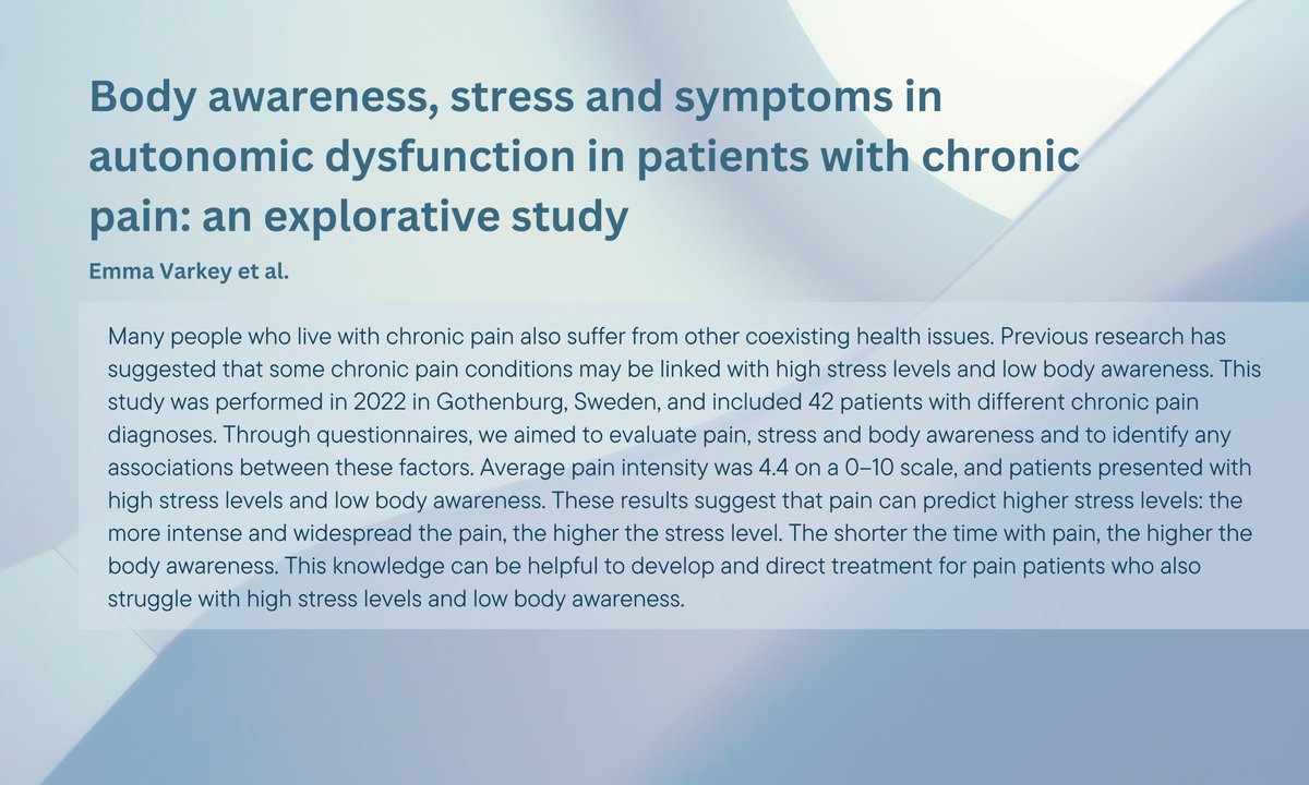 Body awareness, stress and symptoms in autonomic dysfunction in patients with chronic pain: an explorative study
Emma Varkey, Raquel Gottfridsson , Anna Grimby-Ekman, Anna Bjarnegård Sellius, Maria Östman , and Paulin Andréll
doi.org/10.2340/jrmcc.…