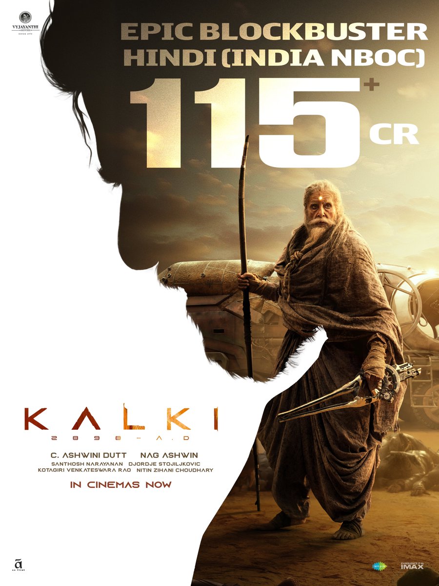 VyjayanthiFilms's tweet photo. धन्यवाद 🙏🏻 

A historic milestone ❤️‍🔥

#Kalki2898AD’s Hindi version crosses ₹115 CRORES+ NBOC in the first weekend in India.

#EpicBlockbusterKalki in cinemas - https://t.co/c7NXtdNFfK

@SrBachchan @ikamalhaasan #Prabhas @deepikapadukone @nagashwin7 @DishPatani @Music_Santhosh @VyjayanthiFilms @Kalki2898AD @saregamaglobal @saregamasouth @AAFilmsIndia