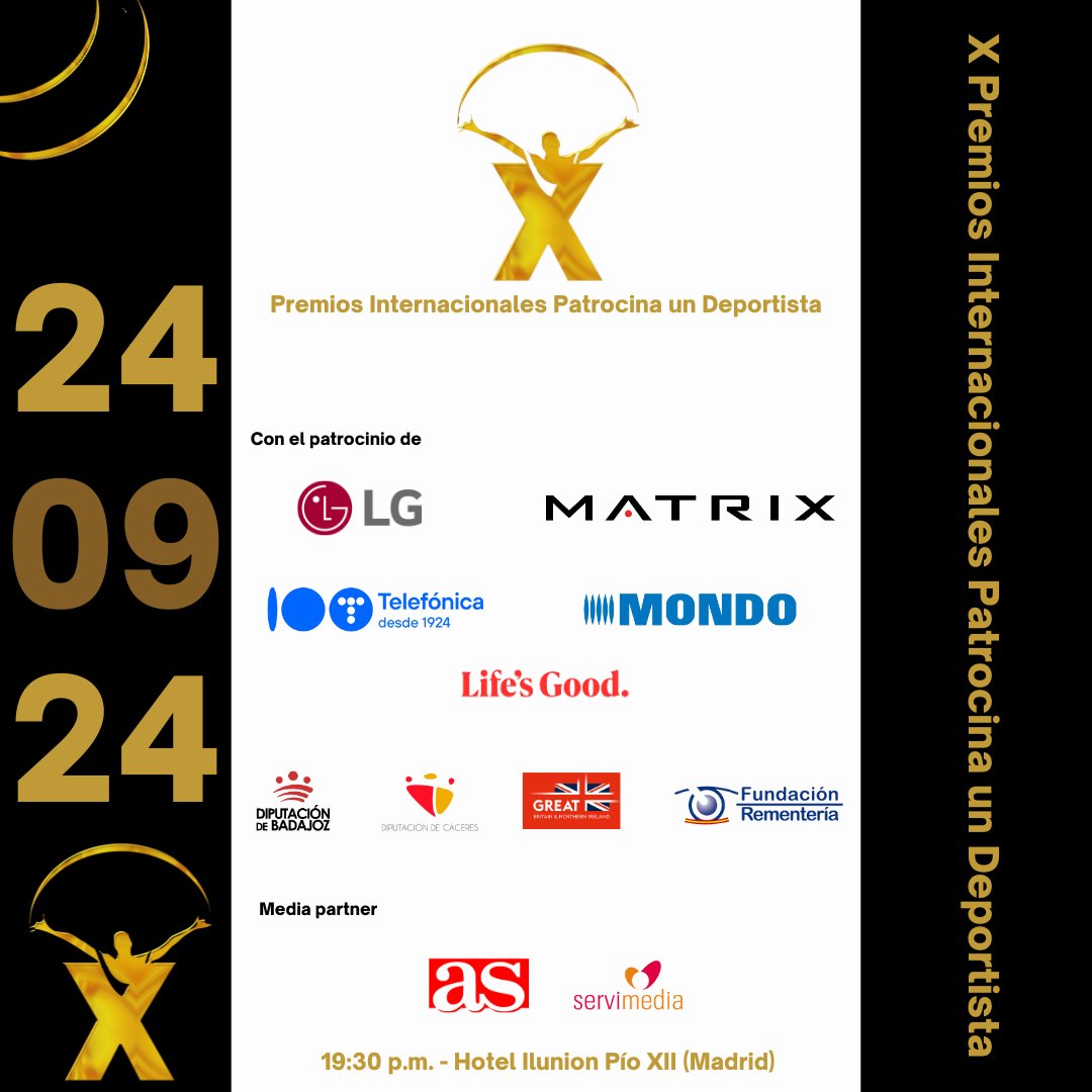 Apunta esta fecha en el calendario: 24 de septiembre de 2024 📆 y es que llega la X EDICIÓN de los Premios Internacionales Patrocina un Deportista 💪 

Ya puedes comprar tu entrada en: patrocinaundeportista.com/evento/x-premi…

¡Acompáñanos! 🤩 

#Xpremiospatrocina