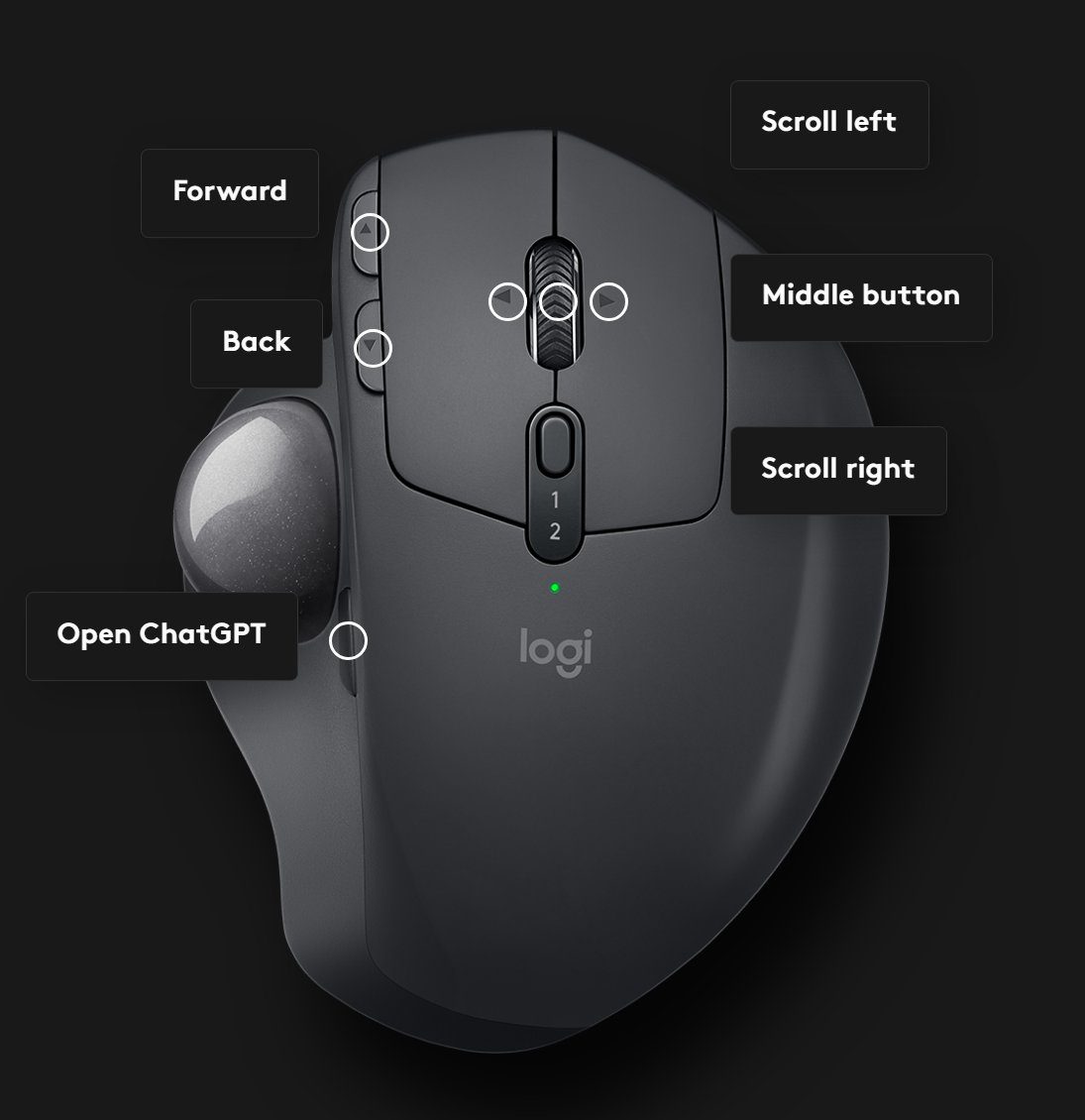 George_SLiu's tweet photo. Logitech MX Ergo Trackball mouse and MX Keys board have Logi AI now and direct support to launch ChatGPT!. Mapped to to my precision button 🤓😎 #logitech #logiai #ai https://t.co/j0iRcuNTuz