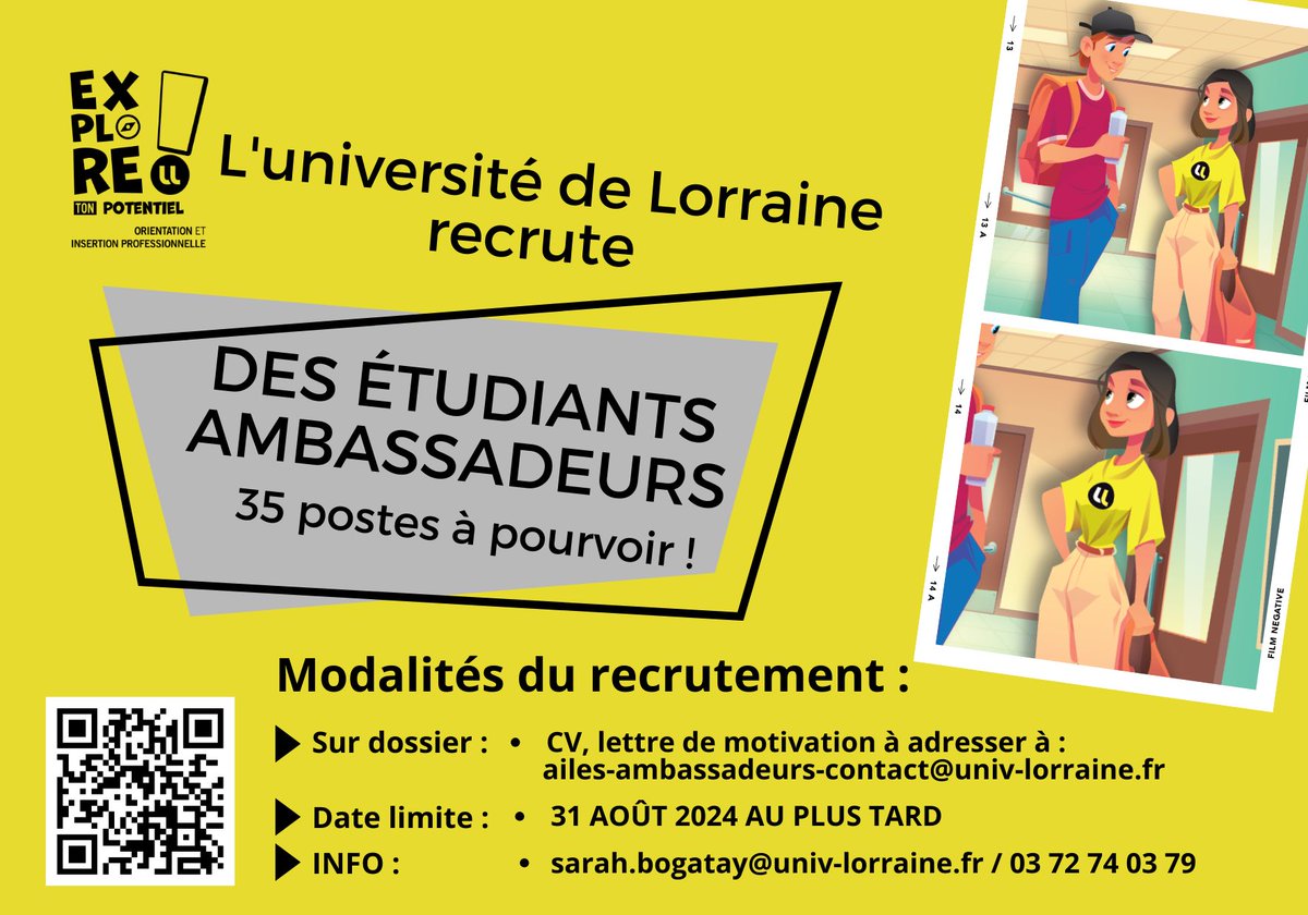 Faculté de Médecine - Nancy (@fac_medecine_ul) on Twitter photo 📢 L'Université de Lorraine recrute 35 étudiants ambassadeurs ! 🚀 Partagez votre expérience et inspirez de futurs étudiants. Postes proposés par le SOIP. 30-90h/an du 1/09/24 au 30/06/25. Envoyez CV + lettre à ailes-ambassadeurs-contact@univ-lorraine.fr avant le 31/08.🎓 📢 L'Université de Lorraine recrute 35 étudiants ambassadeurs ! 🚀 Partagez votre expérience et inspirez de futurs étudiants. Postes proposés par le SOIP. 30-90h/an du 1/09/24 au 30/06/25. Envoyez CV + lettre à ailes-ambassadeurs-contact@univ-lorraine.fr avant le 31/08.🎓