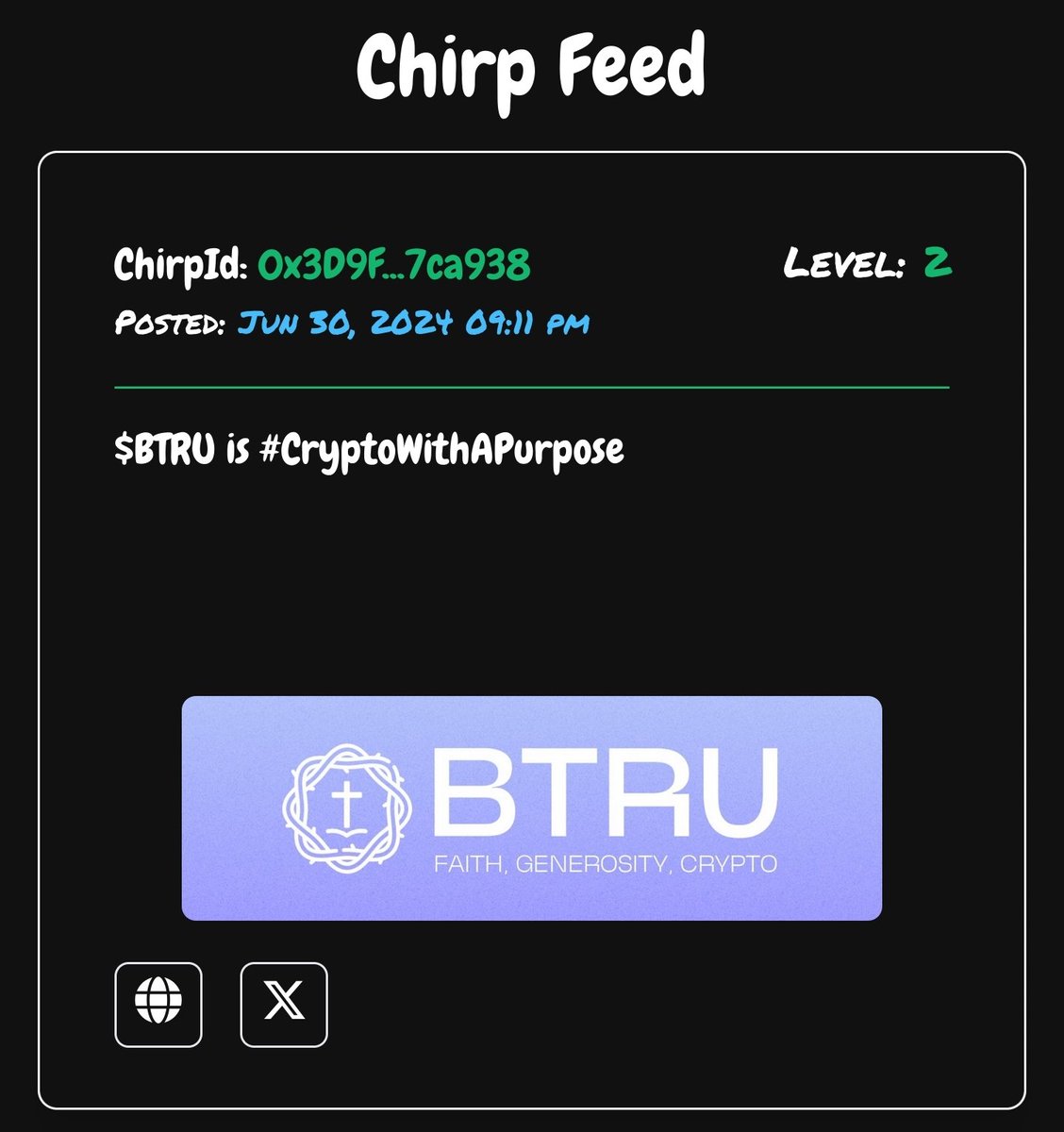 DecentralBros_'s tweet image. $BTRU  &amp;amp;  chirpon.xyz

@Bible316Truth
#CryptoWithAPurpose