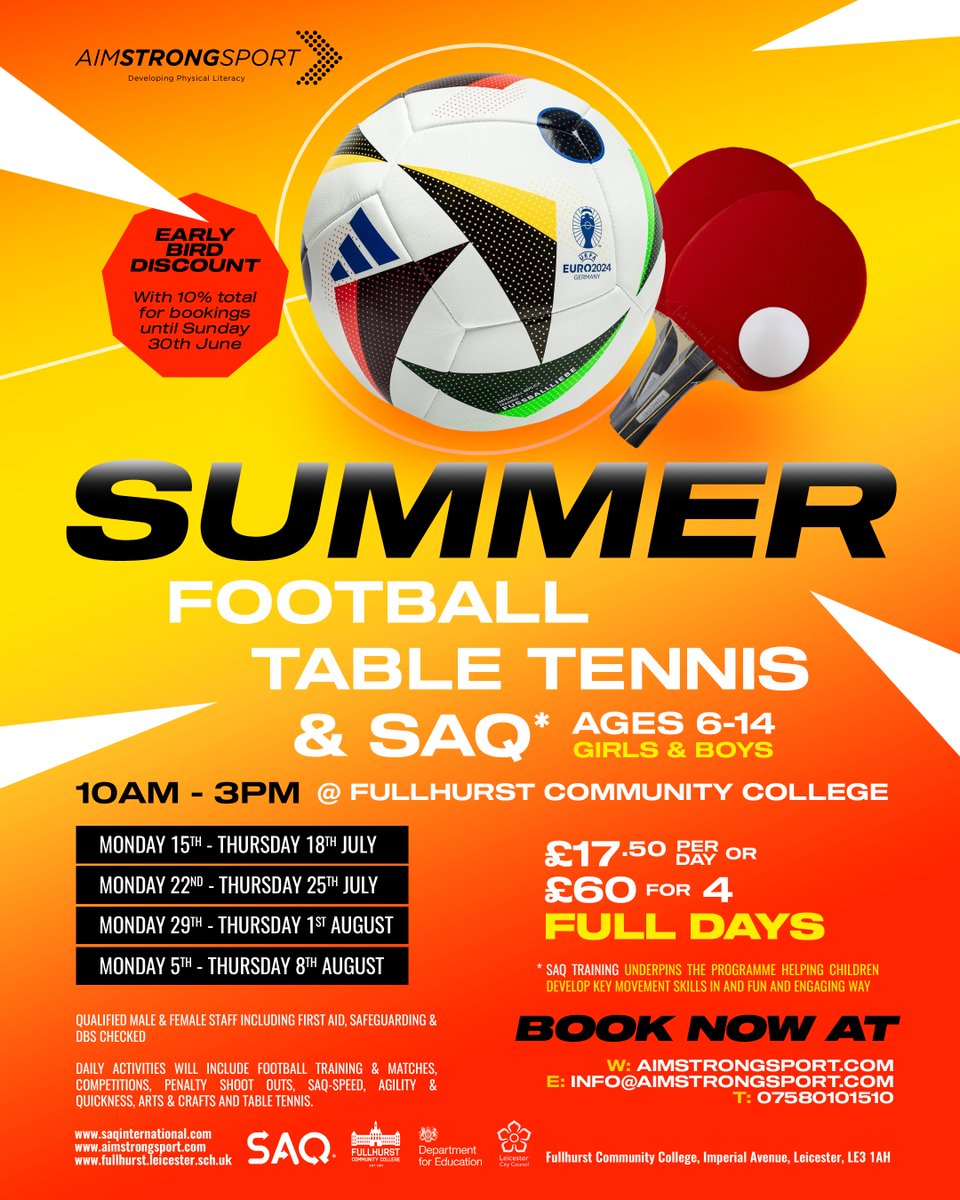 Aim Strong Sport (@aimstrongsport) on Twitter photo Summer Sports Camp at Fullhurst, Leicester! 🌟Starts July 15th 10 AM-3 PM Highlights: Football, Table tennis, SAQ training & Multi-Sports
aimstrongsport.com/collections/ho…
Inquiries: anthony@aimstrongsport.com #HalfTermSportsCamp #ActiveKids Summer Sports Camp at Fullhurst, Leicester! 🌟Starts July 15th 10 AM-3 PM Highlights: Football, Table tennis, SAQ training & Multi-Sports
aimstrongsport.com/collections/ho…
Inquiries: anthony@aimstrongsport.com #HalfTermSportsCamp #ActiveKids